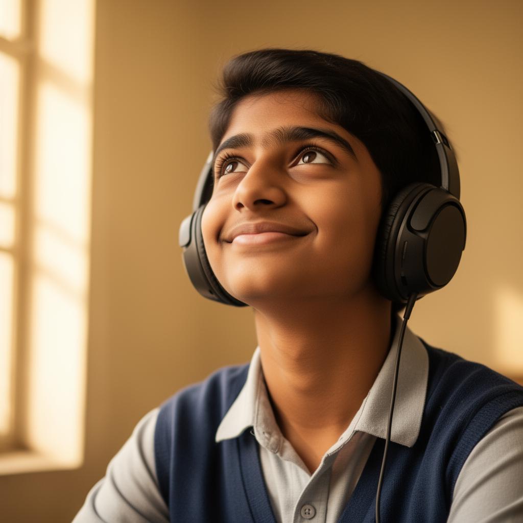 A student smiling with headphones